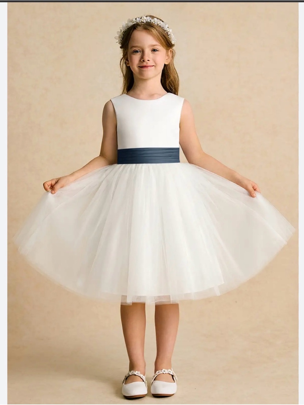 Azazie White Tulle Flower Girl Dress with Navy Sash